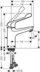 Hansgrohe Einhebel-Waschtischmischer mit einem langen Griff und Zugstangen-Ablaufgarnitur. Technische Maße und Details sind im Diagramm dargestellt.